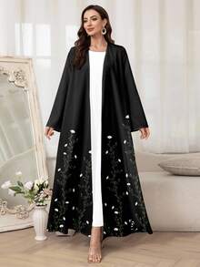 Al Najma Women's Elegant Floral Printed Arabic Abaya Robe, Modest - Black - View 5