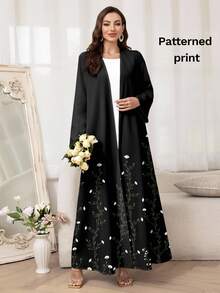 Al Najma Women's Elegant Floral Printed Arabic Abaya Robe, Modest - Black - View 1