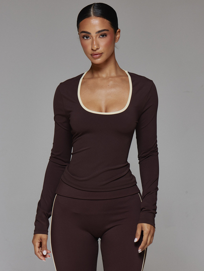 Musera Sport Contrast Colour Edge Scoop Neck Long Sleeve Fitted Active Top Fall Autumn Winter Gym Workout Cute