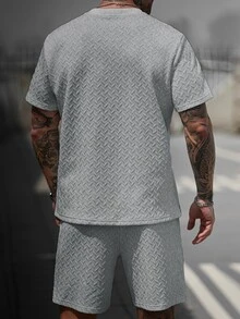 Manfinity Homme 男士V領羅紋T恤+抽繩短褲套裝 2件組 夏季短版套裝男裝 - 灰色 - 查看 2