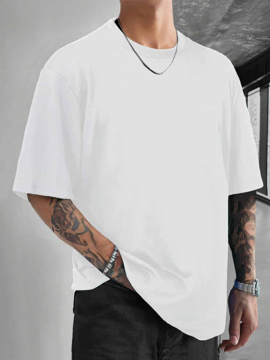 HUEFORM Loose Fit Men's Solid Color Round Neck Short Sleeve Casual T-Shirt - White - View 1