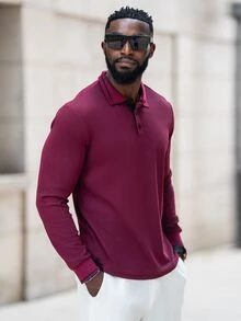 thenoahjr thenoahjr 1pc Men's Casual Quarter Button Long Sleeve Polo Shirt, Suitable For Spring/Autumn, For Golf, For Fall - Burgundy - View 4