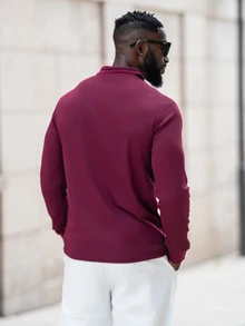 thenoahjr thenoahjr 1pc Men's Casual Quarter Button Long Sleeve Polo Shirt, Suitable For Spring/Autumn, For Golf, For Fall - Burgundy - View 2
