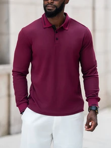 thenoahjr thenoahjr 1pc Men's Casual Quarter Button Long Sleeve Polo Shirt, Suitable For Spring/Autumn, For Golf, For Fall - Burgundy - View 6