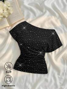 SHEIN MOD 女款亮片網紗休閒迪斯可性感百搭不對稱單肩抓皺T恤，黑白波點上衣，適合外出夜店聚會 - 黑色 - 查看 7