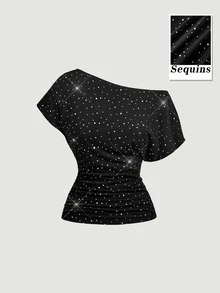 SHEIN MOD 女款亮片網紗休閒迪斯可性感百搭不對稱單肩抓皺T恤，黑白波點上衣，適合外出夜店聚會 - 黑色 - 查看 2