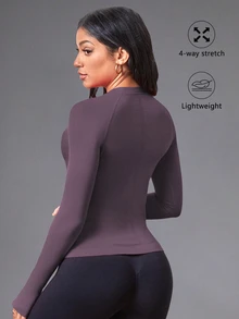 Eassivo Eassivo Women's Solid Color Round Neck Raglan Sleeve Fitted Sports T-Shirt/Seamless/Thumb Hole - Purple - View 4