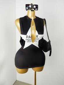 Mistrie Gaun Mini Motif Bintang Musim Gugur Terbaru, Desain Kontras Warna Berongga Seksi untuk Wanita - Hitam - View 4