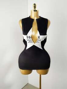 Mistrie Gaun Mini Motif Bintang Musim Gugur Terbaru, Desain Kontras Warna Berongga Seksi untuk Wanita - Hitam - View 5