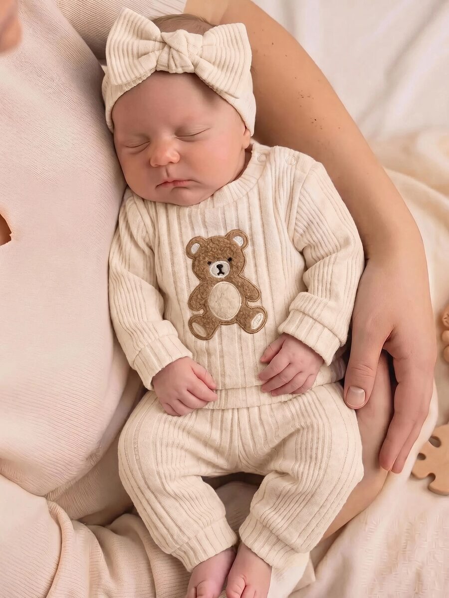 SHEIN Newborn Baby Girl Cute Casual Knitted Apricot Cartoon Pattern Long Sleeve Top And Pants Set - Beige - View 1