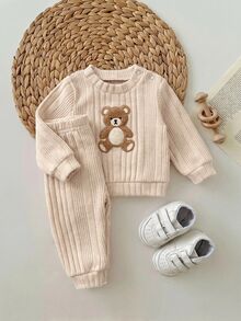 SHEIN Newborn Baby Girl Cute Casual Knitted Apricot Cartoon Pattern Long Sleeve Top And Pants Set - Beige - View 4