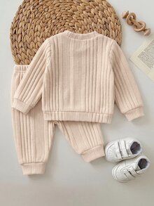 SHEIN Newborn Baby Girl Cute Casual Knitted Apricot Cartoon Pattern Long Sleeve Top And Pants Set - Beige - View 2