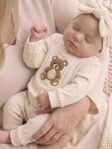 SHEIN Newborn Baby Girl Cute Casual Knitted Apricot Cartoon Pattern Long Sleeve Top And Pants Set - Beige - View 3