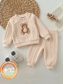 SHEIN Newborn Baby Girl Cute Casual Knitted Apricot Cartoon Pattern Long Sleeve Top And Pants Set - Beige - View 5