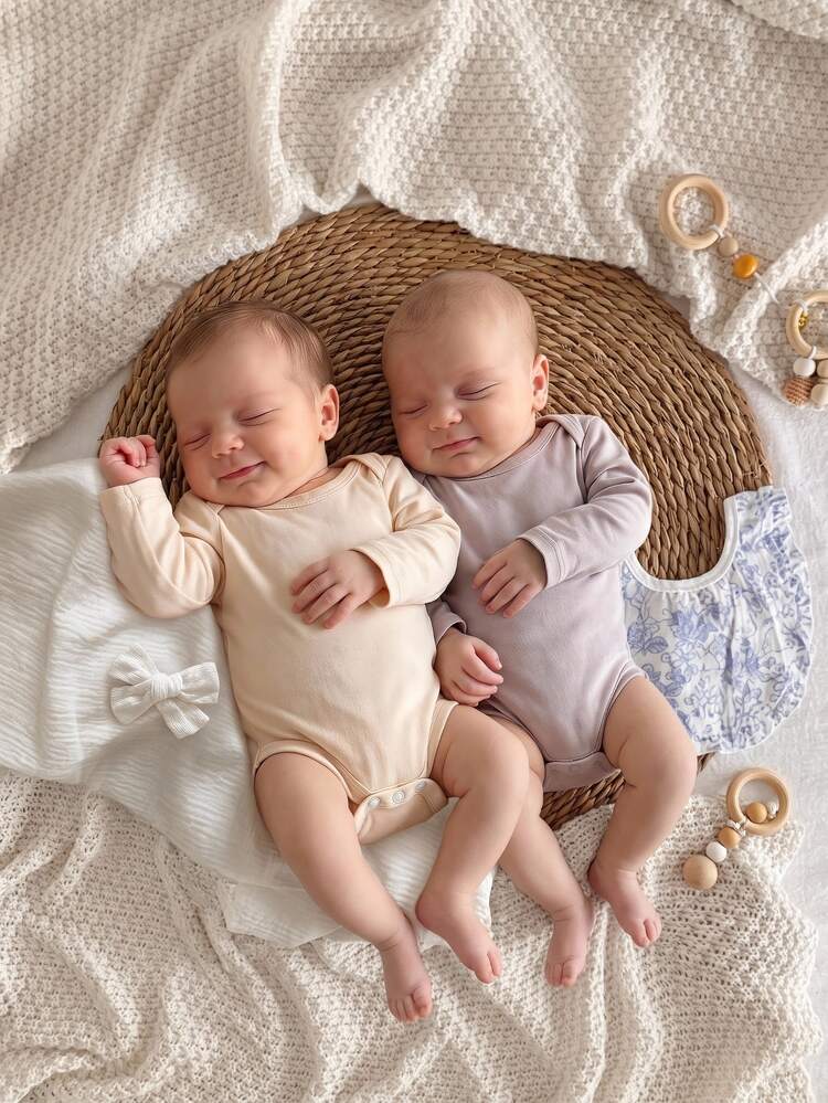 SHEIN Newborn Baby Solid Color Round Neck Long Sleeve Romper Pajamas - Multicolor - View 1