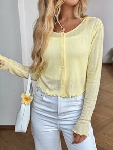 Easowa Women's Casual Solid Color Button-Front Lightweight Jacket Pale Yellow Ribbed Autumn/Winter Back To School Going Out Everyday Date Night - Yellow - View 4