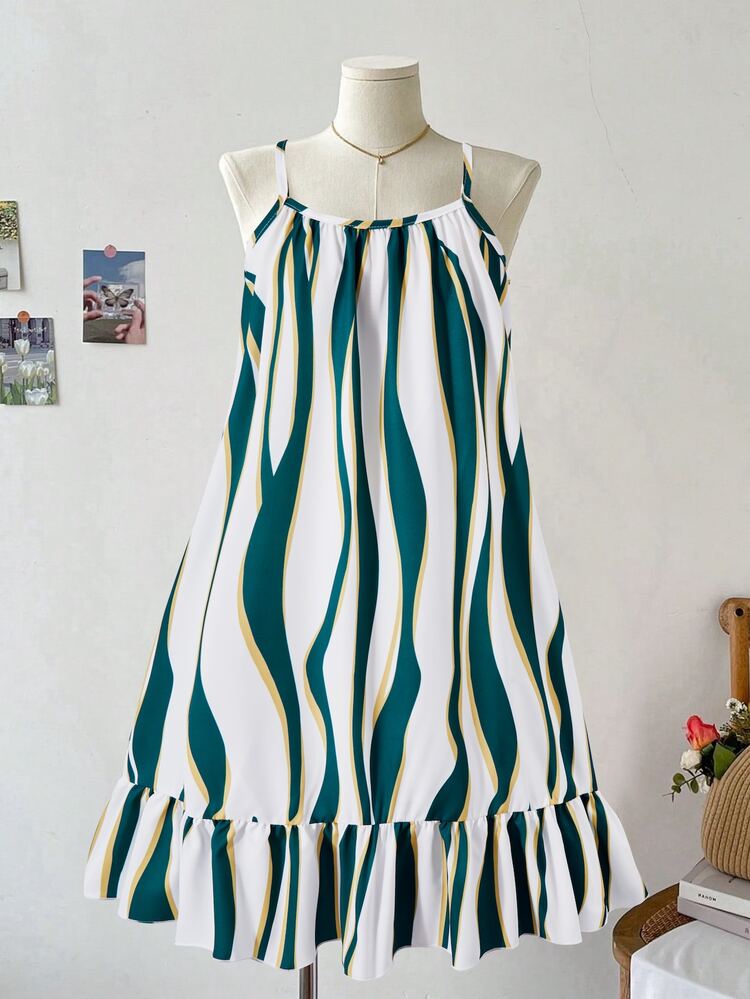 SHEIN ChillGrl Girls' Green And White Striped Dress,Asymmetrical Wavy Print Sleeveless A-Line Patchwork Ruffle Hem,Summer Boho Vacation Holiday Casual Wear - Multicolor - View 7