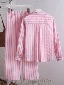 SHEIN 2件組青少年女孩春秋新款休閒梭織條紋小馬印花寬鬆前開襟翻領長袖襯衫與簡約直筒寬鬆長褲，日常休閒出遊校園風返校襯衫 - 粉色 - 查看 3