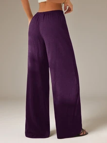 SHEIN PETITE Women's Solid Color Tie Waist Wide Leg Loose Casual Versatile Pants,Petite Women Vacation Deep Purple Summer Beach - Purple - View 2