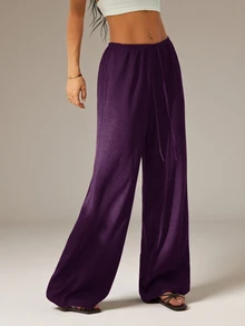 SHEIN PETITE Women's Solid Color Tie Waist Wide Leg Loose Casual Versatile Pants,Petite Women Vacation Deep Purple Summer Beach - Purple - View 5