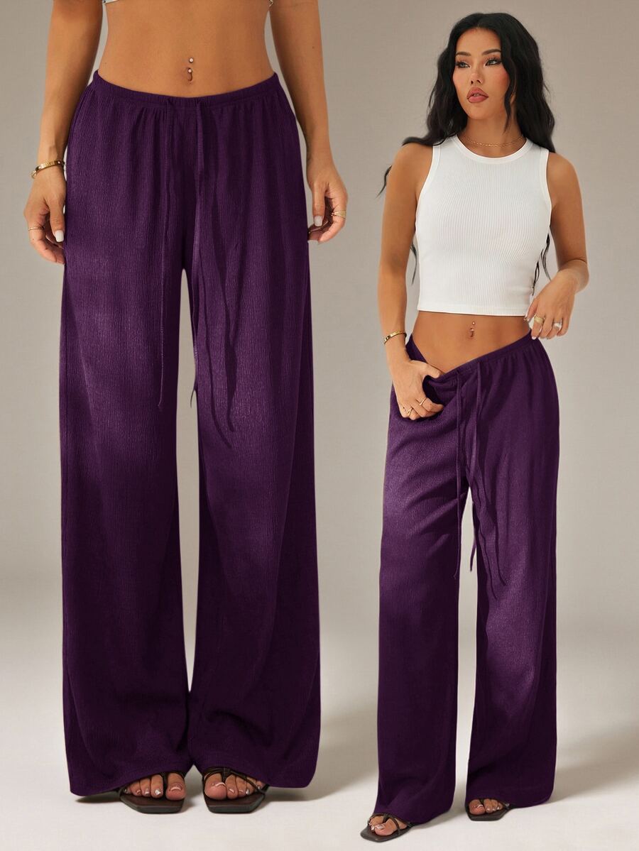 SHEIN PETITE Women's Solid Color Tie Waist Wide Leg Loose Casual Versatile Pants,Petite Women Vacation Deep Purple Summer Beach - Purple - View 1