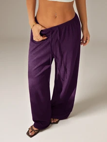 SHEIN PETITE Women's Solid Color Tie Waist Wide Leg Loose Casual Versatile Pants,Petite Women Vacation Deep Purple Summer Beach - Purple - View 8