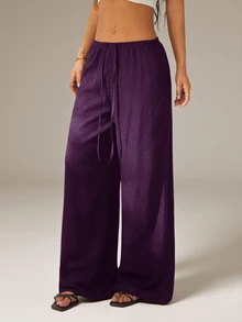 SHEIN PETITE Women's Solid Color Tie Waist Wide Leg Loose Casual Versatile Pants,Petite Women Vacation Deep Purple Summer Beach - Purple - View 4