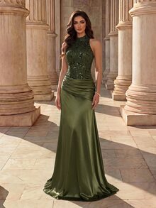 Coutiva Damen einfarbiges Patchwork Pailletten Plissee ärmellos elegantes formelles Taufgast Probenessen Gelübde Abendkleid Hochzeit Olivgrün Winter - Dunkelgrün - Übersicht 1