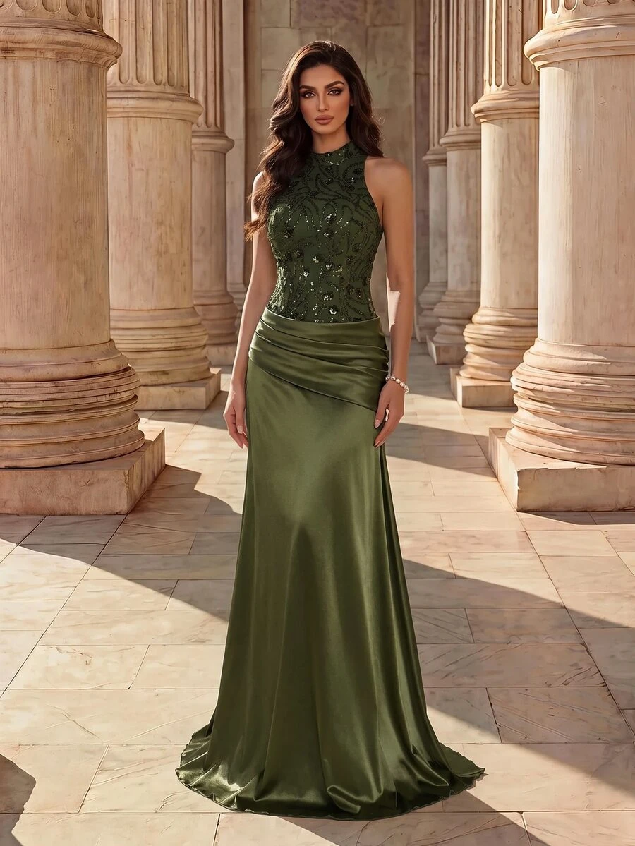 Coutiva Damen einfarbiges Patchwork Pailletten Plissee ärmellos elegantes formelles Taufgast Probenessen Gelübde Abendkleid Hochzeit Olivgrün Winter - Dunkelgrün - Übersicht 1