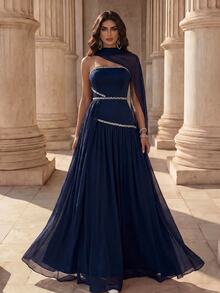 Coutiva Navy Blue Atmospheric Strapless Strappy Bustier Rhinestone Embellished Long Chiffon Patchwork Hem Evening Dress Wedding Gala Dinner Prom Night Winter - Navy Blue - View 1