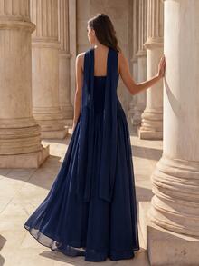 Coutiva Navy Blue Atmospheric Strapless Strappy Bustier Rhinestone Embellished Long Chiffon Patchwork Hem Evening Dress Wedding Gala Dinner Prom Night Winter - Navy Blue - View 2