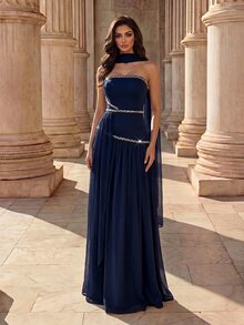 Coutiva Navy Blue Atmospheric Strapless Strappy Bustier Rhinestone Embellished Long Chiffon Patchwork Hem Evening Dress Wedding Gala Dinner Prom Night Winter - Navy Blue - View 6