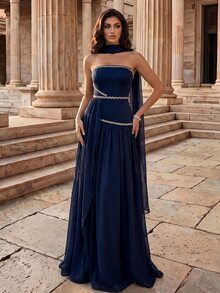 Coutiva Navy Blue Atmospheric Strapless Strappy Bustier Rhinestone Embellished Long Chiffon Patchwork Hem Evening Dress Wedding Gala Dinner Prom Night Winter - Navy Blue - View 4