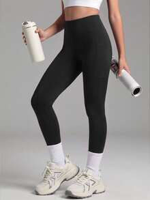SHEIN Tween Girl Wide Waistband Phone Pocket Side Tummy Control Sports Leggings, Autumn Winter, Fall, Back To School, Yoga, Running, Cycling, Gym, Workout - Black - View 6