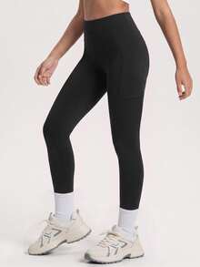 SHEIN Tween Girl Wide Waistband Phone Pocket Side Tummy Control Sports Leggings, Autumn Winter, Fall, Back To School, Yoga, Running, Cycling, Gym, Workout - Black - View 4