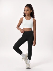 SHEIN Tween Girl Wide Waistband Phone Pocket Side Tummy Control Sports Leggings, Autumn Winter, Fall, Back To School, Yoga, Running, Cycling, Gym, Workout - Black - View 5
