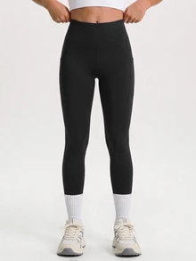 SHEIN Tween Girl Wide Waistband Phone Pocket Side Tummy Control Sports Leggings, Autumn Winter, Fall, Back To School, Yoga, Running, Cycling, Gym, Workout - Black - View 3