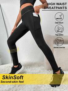 SHEIN Tween Girl Wide Waistband Phone Pocket Side Tummy Control Sports Leggings, Autumn Winter, Fall, Back To School, Yoga, Running, Cycling, Gym, Workout - Black - View 2