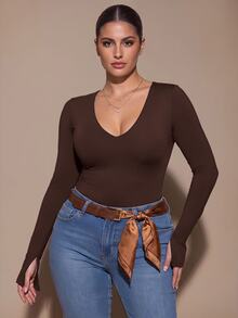 SHEIN BAE CURVE Atasan Lengan Panjang Cokelat Ukuran Plus Wanita; Pakaian Dasar Serbaguna yang Cocok untuk Dipadukan di Musim Gugur dan Musim Dingin; Menampilkan Gaya Seksi dan Bagian Dada Terintegrasi - Coffee Brown - View 3