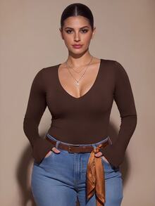 SHEIN BAE CURVE Atasan Lengan Panjang Cokelat Ukuran Plus Wanita; Pakaian Dasar Serbaguna yang Cocok untuk Dipadukan di Musim Gugur dan Musim Dingin; Menampilkan Gaya Seksi dan Bagian Dada Terintegrasi - Coffee Brown - View 7