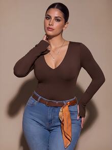 SHEIN BAE CURVE Atasan Lengan Panjang Cokelat Ukuran Plus Wanita; Pakaian Dasar Serbaguna yang Cocok untuk Dipadukan di Musim Gugur dan Musim Dingin; Menampilkan Gaya Seksi dan Bagian Dada Terintegrasi - Coffee Brown - View 4