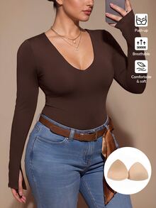 SHEIN BAE CURVE Atasan Lengan Panjang Cokelat Ukuran Plus Wanita; Pakaian Dasar Serbaguna yang Cocok untuk Dipadukan di Musim Gugur dan Musim Dingin; Menampilkan Gaya Seksi dan Bagian Dada Terintegrasi - Coffee Brown - View 1