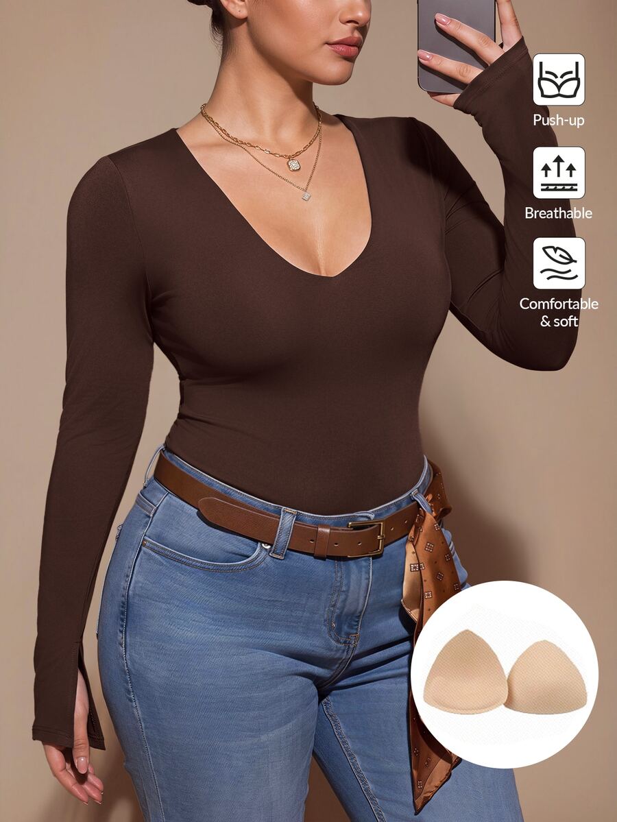 SHEIN BAE CURVE Atasan Lengan Panjang Cokelat Ukuran Plus Wanita; Pakaian Dasar Serbaguna yang Cocok untuk Dipadukan di Musim Gugur dan Musim Dingin; Menampilkan Gaya Seksi dan Bagian Dada Terintegrasi - Coffee Brown - View 1