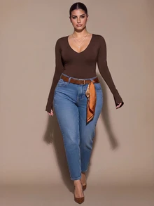 SHEIN BAE CURVE Atasan Lengan Panjang Cokelat Ukuran Plus Wanita; Pakaian Dasar Serbaguna yang Cocok untuk Dipadukan di Musim Gugur dan Musim Dingin; Menampilkan Gaya Seksi dan Bagian Dada Terintegrasi - Coffee Brown - View 6