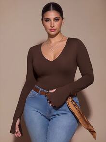 SHEIN BAE CURVE Atasan Lengan Panjang Cokelat Ukuran Plus Wanita; Pakaian Dasar Serbaguna yang Cocok untuk Dipadukan di Musim Gugur dan Musim Dingin; Menampilkan Gaya Seksi dan Bagian Dada Terintegrasi - Coffee Brown - View 5