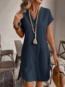EMERY ROSE Women's Solid Color Notched V-Neck Short Sleeve Single-Breasted Casual Modest Dress Brunch Vacation Navy Blue Summer - Navy Blue - View 3