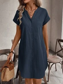 EMERY ROSE Women's Solid Color Notched V-Neck Short Sleeve Single-Breasted Casual Modest Dress Brunch Vacation Navy Blue Summer - Navy Blue - View 4