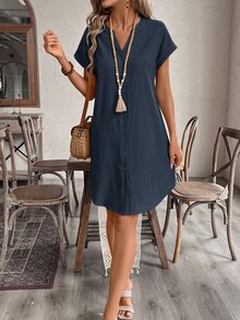 EMERY ROSE Women's Solid Color Notched V-Neck Short Sleeve Single-Breasted Casual Modest Dress Brunch Vacation Navy Blue Summer - Navy Blue - View 5