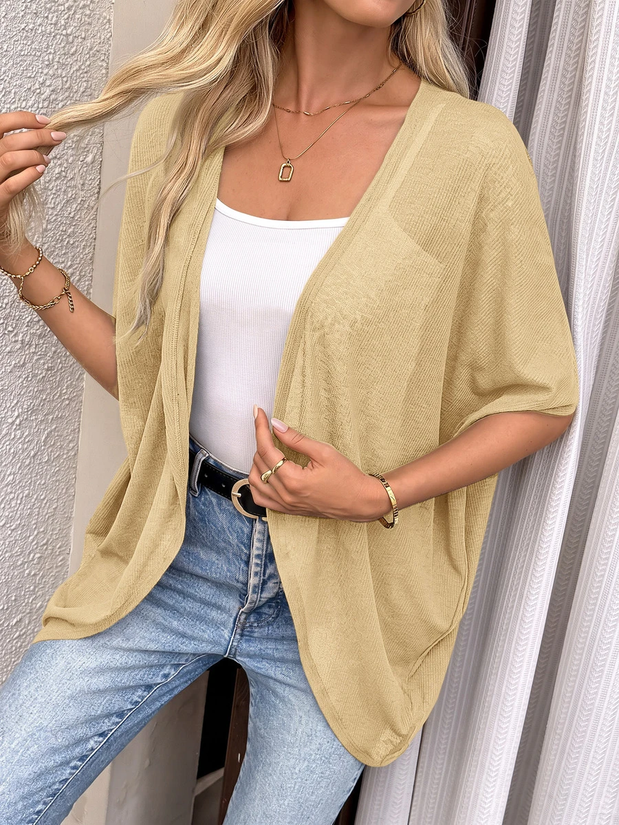 EMERY ROSE Women's Minimalist Casual Versatile Knit Thin Cardigan For Vacation, Beach Travel Office And Seaside Tan Autumn - Khaki - View 1