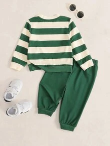 LOONEY TUNES X SHEIN طقم سويت شيرت وبنطلون رياضي مخطط بألوان متباينة للأطفال الذكور - لون مشمشي - مشاهدة 2
